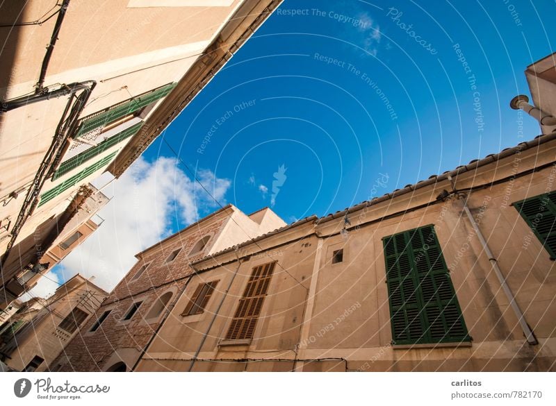 Seitenwind Himmel Wolken Sommer Wärme Kleinstadt Altstadt Haus Gebäude Mauer Wand Fassade Fenster Dach Dachrinne ästhetisch Fensterladen grün blau