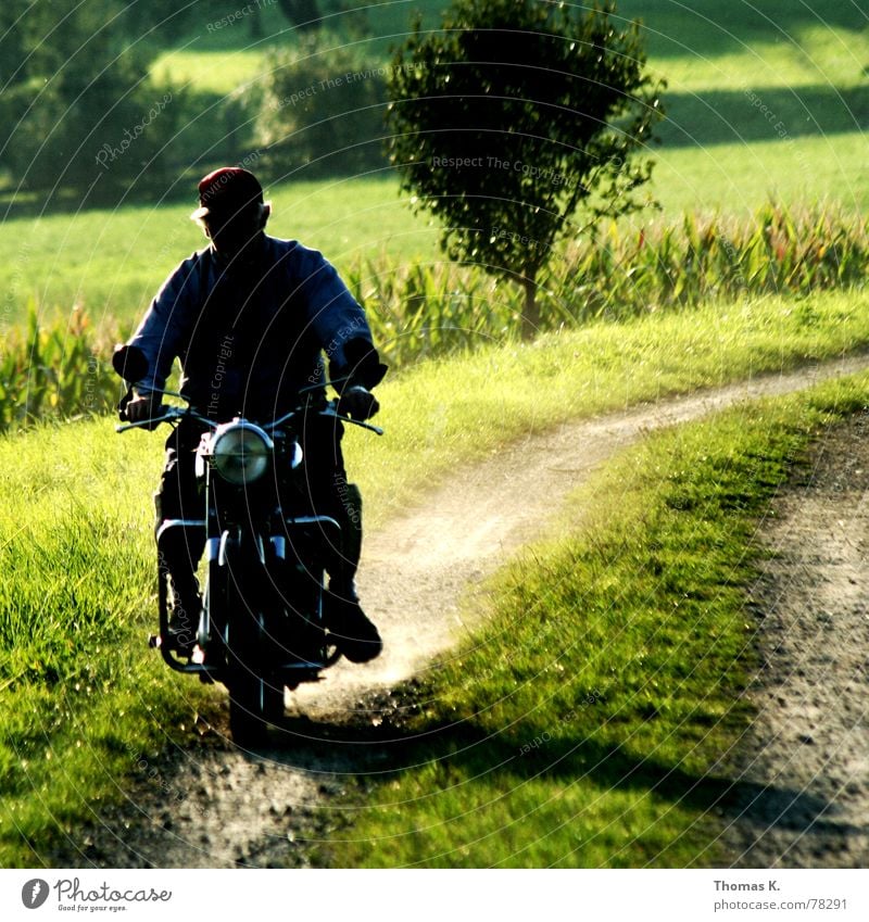 See you Fußweg Gras Staub grün Motorrad Rücksitz Licht fahren Split Maisfeld ländlich Baum Erinnerung Hintergrundbild puch Soziussitz Scheinwerfer Schatten