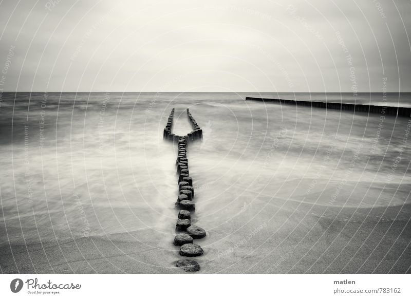 Wahlverwandschaften II Landschaft Luft Wasser Himmel Wolken Horizont Wetter schlechtes Wetter Wellen Küste Strand Ostsee Partnerschaft Holzpfahl Schwarzweißfoto