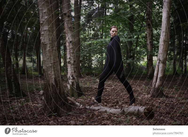 schwarzes Ding im Wald Sommer Mensch feminin Frau Erwachsene 1 Baum Birke natürlich Farbfoto Außenaufnahme Tag Ganzkörperaufnahme