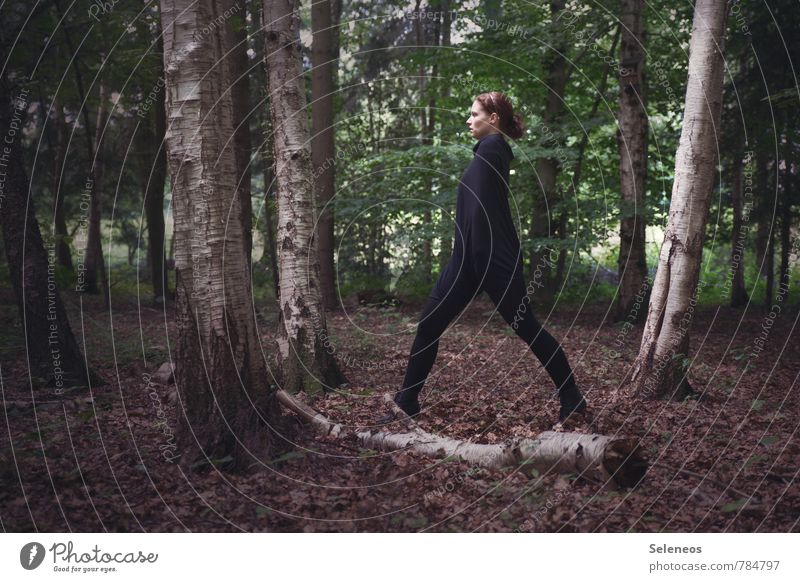 Querschritt Mensch feminin Frau Erwachsene 1 Umwelt Natur Sommer Schönes Wetter Pflanze Baum Birke Wald trashig Farbfoto Außenaufnahme Ganzkörperaufnahme Profil