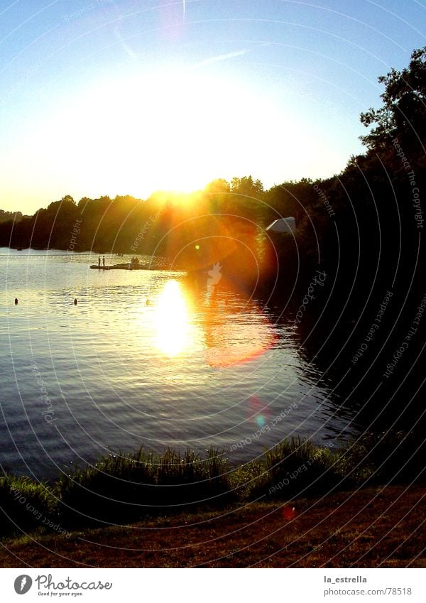 Sunset See Frieden Freundlichkeit einheitlich Sonnenuntergang Stimmung ruhig Sommer Erholung schön Zeit Abenddämmerung charmant Wasserstraße Flair Laune