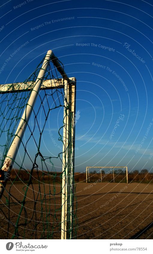 Zwischen den Stürmen Pfosten Fußballplatz transpirieren Lattenkreuz rote Karte gelbe Karte Platz Staub Sport Spielen Ballsport Erde Sand Netz weinen verteidigen