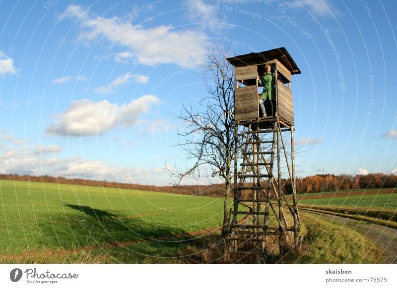 weidmanns heil Freizeit & Hobby Jagd Frau Erwachsene Umwelt Natur Landschaft Himmel Wolken Herbst Turm Hochsitz beobachten Wachsamkeit Kontrolle Umweltschutz