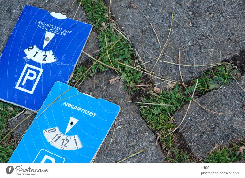 Parkscheiben im Duett Steinboden parken Parkplatz Platz Zeit Gras Löwenzahn Abstellplatz Verkehrswege parkscheibe zeitanzeige Kopfsteinpflaster Bodenbelag