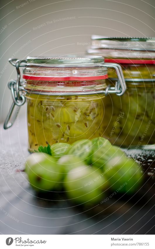 Stachelbeermarmelade 5 Lebensmittel Frucht Marmelade Ernährung Frühstück frisch lecker saftig sauer süß grün Stachelbeeren Beeren Marmeladenglas Einmachglas