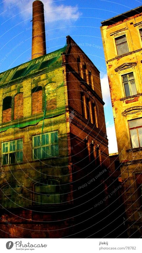 Vernetzt 2 Haus Gebäude industriell grün Wolken Fenster kaputt Mauer Verfall Stadt Leipzig Gewerbe Industriefotografie verfallen Netz alt Schornstein Himmel