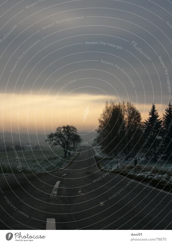 Wintertage ... Raureif Sonnenuntergang Gleise Licht kalt Wolken Abend Asphalt Abenddämmerung Straße Landschaft Himmel schienerberg Schnee