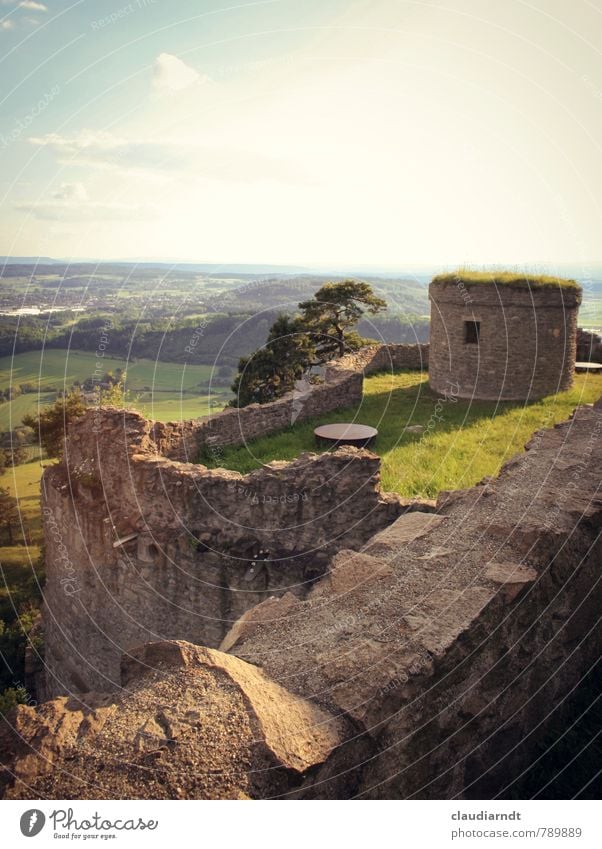 Burgmauern Landschaft Horizont Sommer Schönes Wetter Baum Gras Wiese Feld Hügel Burg oder Schloss Ruine Bauwerk Gebäude Mauer Wand alt dick historisch wehrhaft