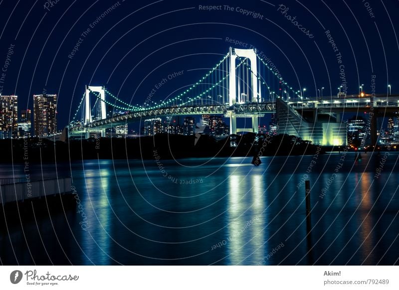 Under the bridge elegant Architektur Wasser Wolkenloser Himmel Küste Bucht Fluss Tokyo Rainbow Bridge Japan Stadt Hauptstadt Hafenstadt Stadtzentrum Skyline