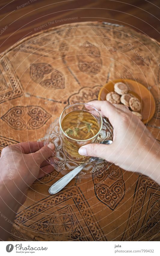 tee trinken Lebensmittel Keks Getränk Heißgetränk Tee Teller Glas Löffel Stil exotisch Häusliches Leben Wohnung feminin Hand ästhetisch frisch Gesundheit gut