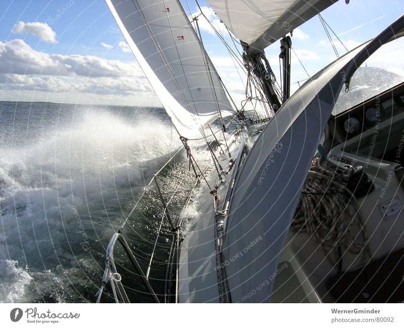 Gegenan Segeln Sportboot Wellen Gischt Freizeit & Hobby Ferien & Urlaub & Reisen Gegenlicht Außenaufnahme Wassersport Meer Himmel Segelboot Jacht Wind Freiheit