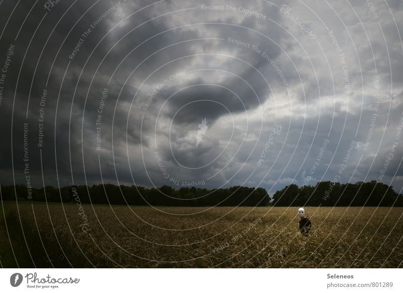 dunkle Zeiten Karneval Halloween Mensch 1 Himmel Wolken Gewitterwolken Horizont Unwetter Feld Maske gruselig Angst Entsetzen gefährlich verstört Farbfoto