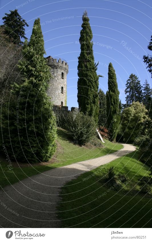 Powerscourt Gardens Dublin grün Wiese Gras Baum Garten Park powerscourt wicklow gardens county Republik Irland Turm Wege & Pfade Stein blau Himmel