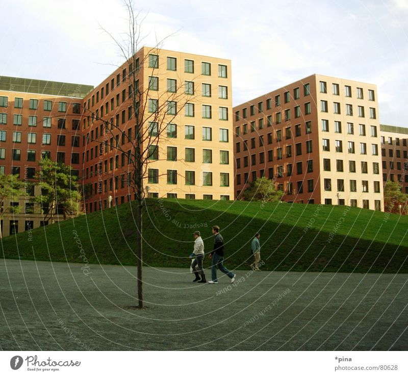 Futurama einheitlich Fußgänger gleich Hochhaus Block Gebäude Fenster Quadrat eckig Baum Herbst Wiese gepflegt Macht Ordnung Bauwerk regelmässig Rechteck