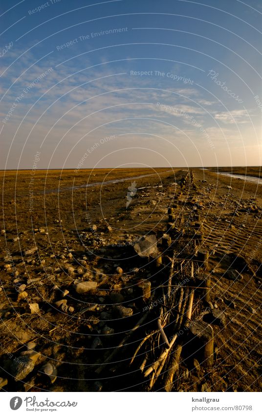 Watt ein Meer befestigen Rinnsal Schlick Pfosten Unbeschwertheit bewachsen See Meeresspiegel Holz Horizont Wolken Kieselsteine Geröll Befestigung Wattenmeer