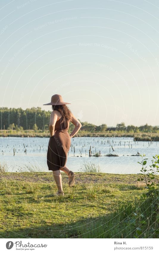 Am See II feminin Frau Erwachsene 1 Mensch 30-45 Jahre Natur Landschaft Horizont Sommer Schönes Wetter Gras Kleid Schuhe Hut schwarzhaarig langhaarig gehen