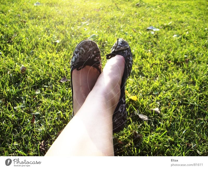 Ballerinas schön Haut Nagellack Sommer Sonnenbad Frau Erwachsene Beine Fuß Frühling Schönes Wetter Wärme Gras Park Wiese Schuhe Schleife weich grün Glätte Rasen