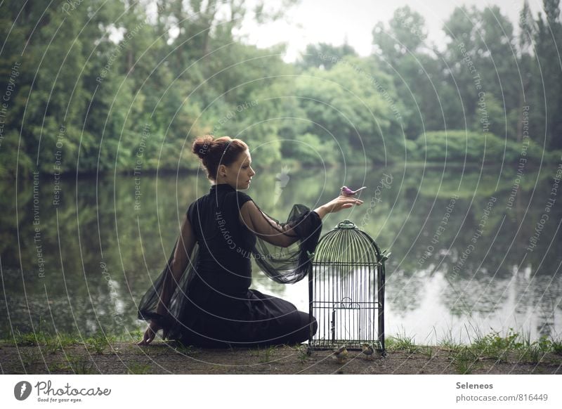 let go Freiheit Mensch feminin Frau Erwachsene 1 Frühling Seeufer Flussufer Teich Vogelkäfig frei Abschied Farbfoto Ganzkörperaufnahme