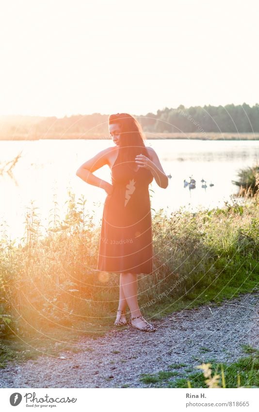 GegenlichtLady am See Mensch Frau Erwachsene 30-45 Jahre Umwelt Natur Landschaft Horizont Sonne Sommer Gras Sträucher Wege & Pfade Kleid Schuhe schwarzhaarig