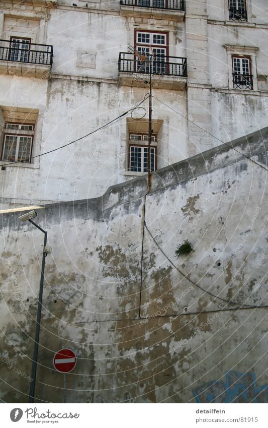 Einbahnstraße Fotokamera Kabel Pflanze Gras Altstadt Bauwerk Gebäude Architektur Mauer Wand Balkon Fenster Tür Antenne Verkehrswege Straßenverkehr Wege & Pfade