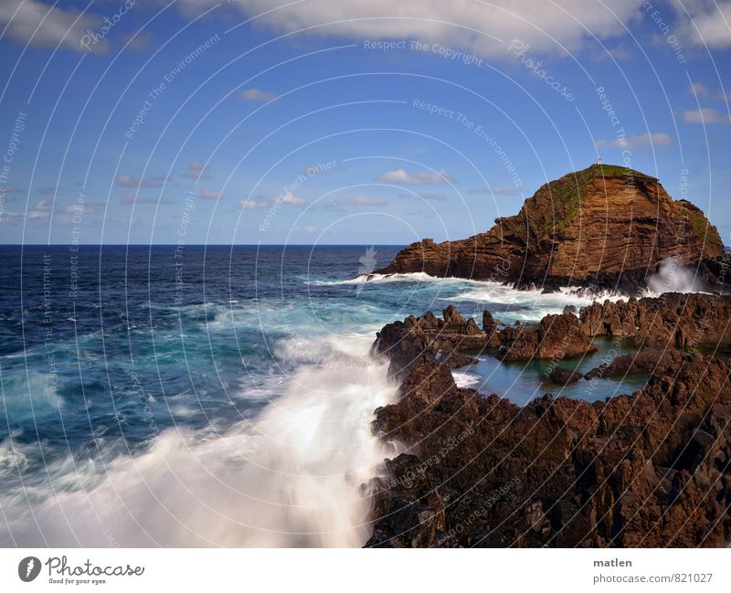 pool Natur Landschaft Wasser Himmel Wolken Horizont Sonnenlicht Frühling Wetter Schönes Wetter Felsen Wellen Küste Meer Insel Menschenleer frisch maritim blau