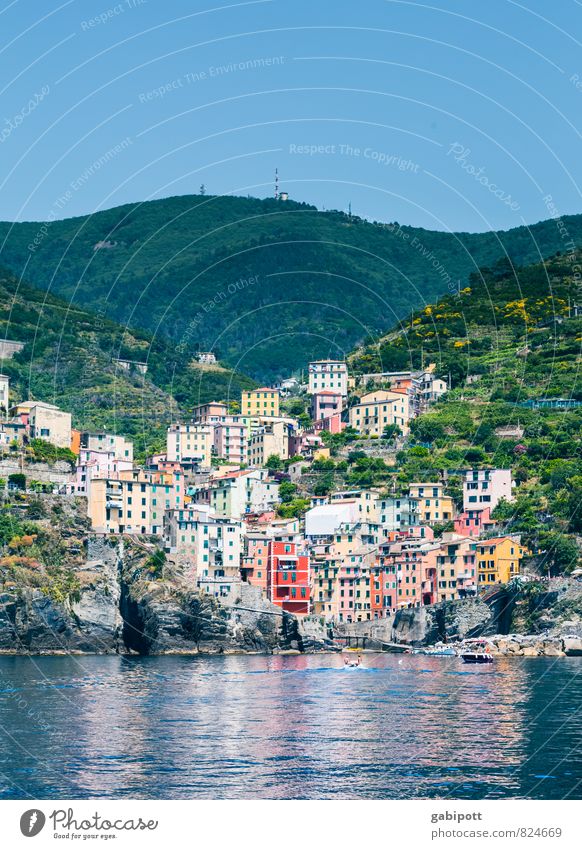 an den Hang gekuschelt Ferien & Urlaub & Reisen Landschaft Himmel Wolkenloser Himmel Sommer Schönes Wetter Küste Meer Mittelmeer Cinque Terre Italien Dorf