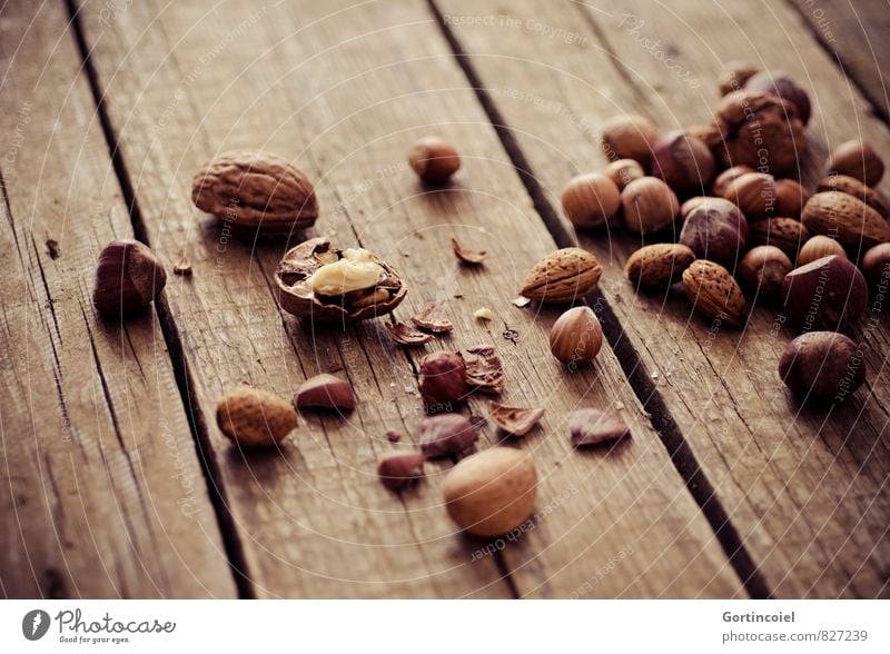 Frische Nüsse Lebensmittel Ernährung frisch Gesundheit braun Haselnuss Walnuss Mandel Holztisch Foodfotografie Weihnachten & Advent Farbfoto Gedeckte Farben