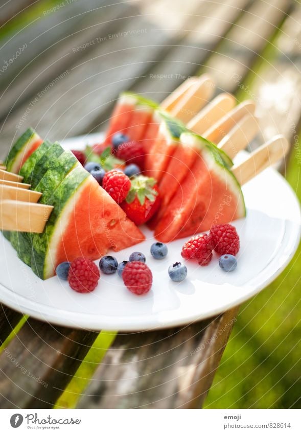 Melone am Spiess Frucht Ernährung Picknick Bioprodukte Vegetarische Ernährung Fingerfood frisch Gesundheit lecker natürlich süß Wassermelone Farbfoto