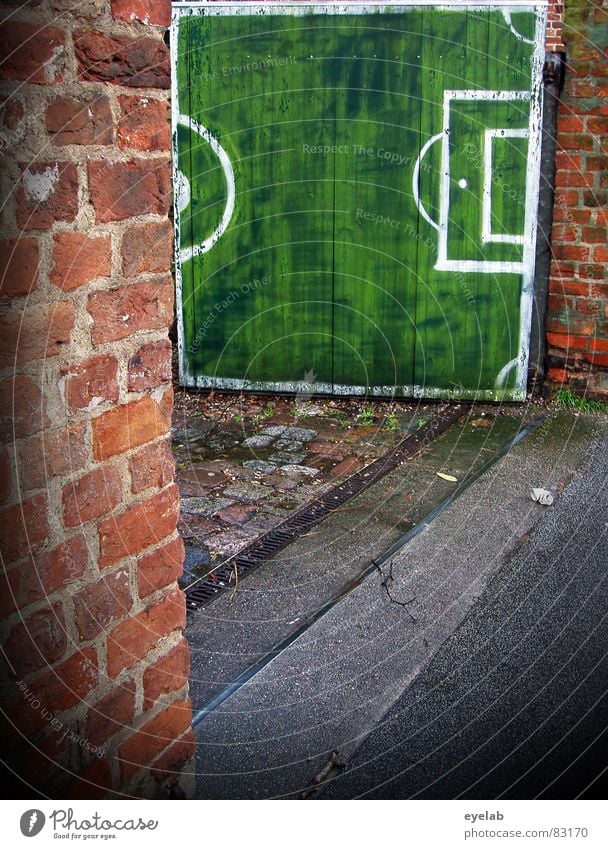 Tor, Tor, Fussballtor ! Torwart Übereifer grün Einfahrt Eingang Ausgang Backstein Wand Grundstück Holz Holztor Gemälde Schmiererei Weltmeisterschaft Niederlage