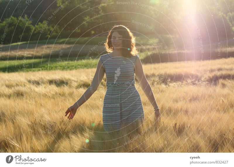 the beauty of sunset Sommer Junge Frau Jugendliche beobachten berühren Bewegung entdecken genießen Lächeln leuchten streichen träumen hell natürlich schön Wärme