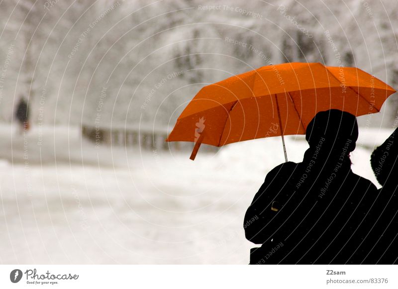 winterspaziergang Winterspaziergang gehen grau 2 Regenschirm Mensch orange trist Wege & Pfade Paar umbrella Schnee Niederschlag Straße street