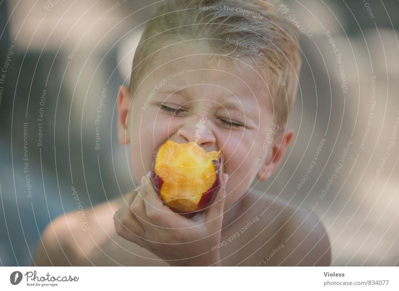 Vitamine :-) Kind Bruder Kindheit Jugendliche Kopf 8-13 Jahre Essen Gesundheit lecker saftig Pfirsich Genießer Porträt geschlossene Augen