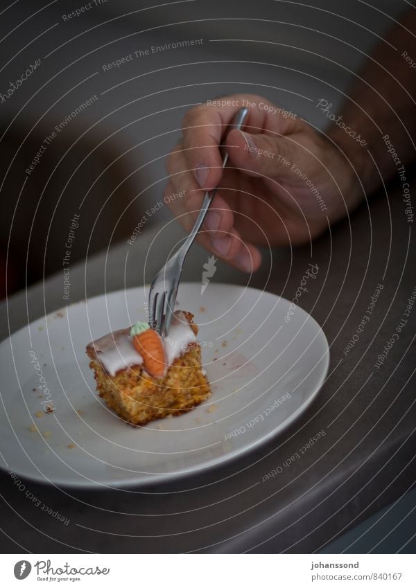 Rüeblitorte Kuchen Dessert Kaffeetrinken Teller Gabel Hand Finger Essen Feste & Feiern genießen einfach kalt lecker natürlich rund grau Lebensfreude