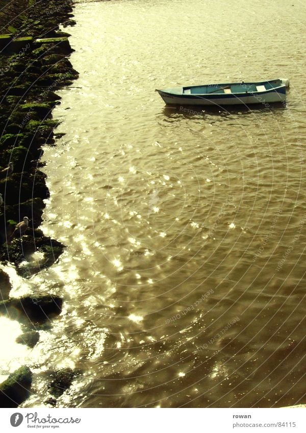 boot, ruhend  II See dunkel Meer Wasserfahrzeug Holz klein zyan türkis typisch Physik Angeln Fischerboot ankern ruhig Unendlichkeit Pause Morgen Gelassenheit