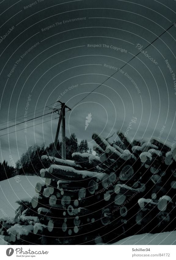 Nachtschicht Zillertal Holz Holzmehl Schnellzug Baum Wald dunkel Wolken Mondschein Elektrizität Telefonmast Langzeitbelichtung Nachtaufnahme Geometrie grau