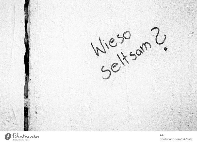 wieso seltsam Mauer Wand Stein Beton Schriftzeichen Kommunizieren trist Neugier Interesse Kontakt Irritation Fragen Fragezeichen Riss Spalte Schwarzweißfoto