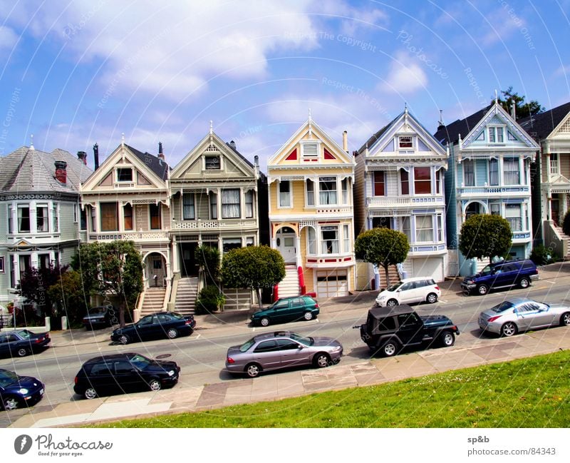 Alamo Square Kalifornien Quadrat Platz San Francisco Haus Außenaufnahme USA Sportrasen Neigung Amerika Parkplatz außergewöhnlich Tag Gegend Straße Verkehrswege