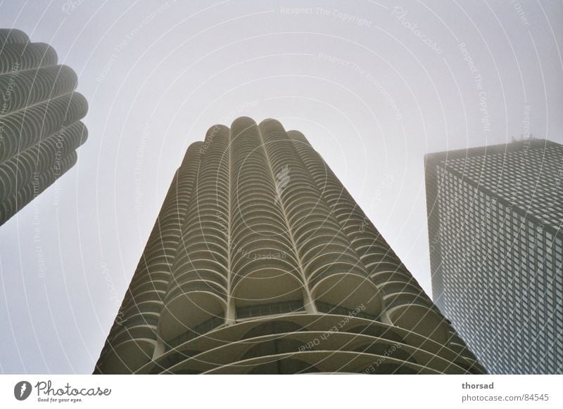 marina chicago Maiskolben Illinois Chicago Lake Michigan Wasserfahrzeug Wohnung Hochhaus Gebäude Haus Nebel diffus kalt geschmackvoll grau hart unten rund ruhig