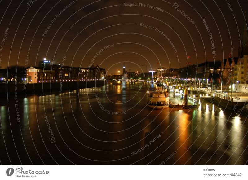 Weser Bremen Nacht Licht Wasserfahrzeug Promenade Anlegestelle Hafen Langzeitbelichtung