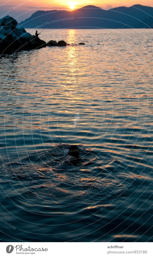 Nightswimming Mensch 2 Landschaft Sonne Sonnenaufgang Sonnenuntergang Sonnenlicht Hügel Felsen Berge u. Gebirge Wellen Küste Bucht Meer Schwimmen & Baden Angeln