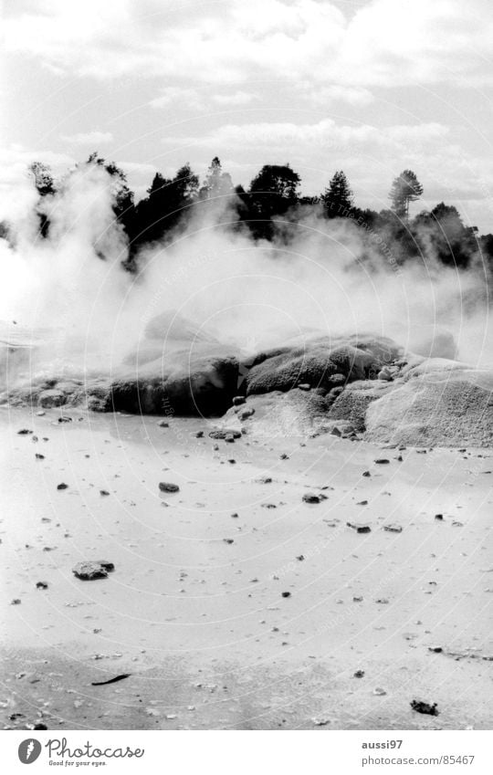 Rocky Foggy Nebel Neuseeland mystisch Quelle Nebelschleier Schleier Zauberei u. Magie Saline Heisse Quellen aufsteigen Schwefel Schwefelquelle Stein Mineralien