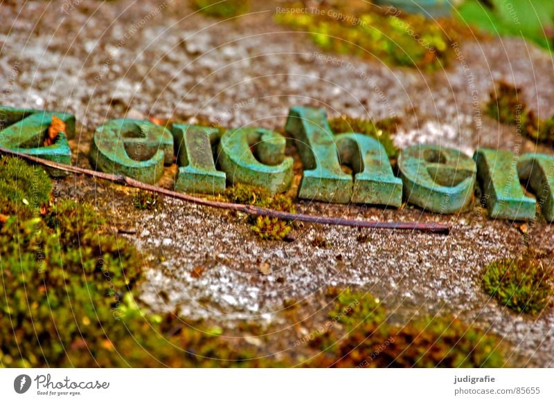 Zeichen Serife Oxidation Wort Buchstaben Typographie Grabstein grün Grünspan Rost Schriftzeichen Friedhof verfallen Makroaufnahme Nahaufnahme letter