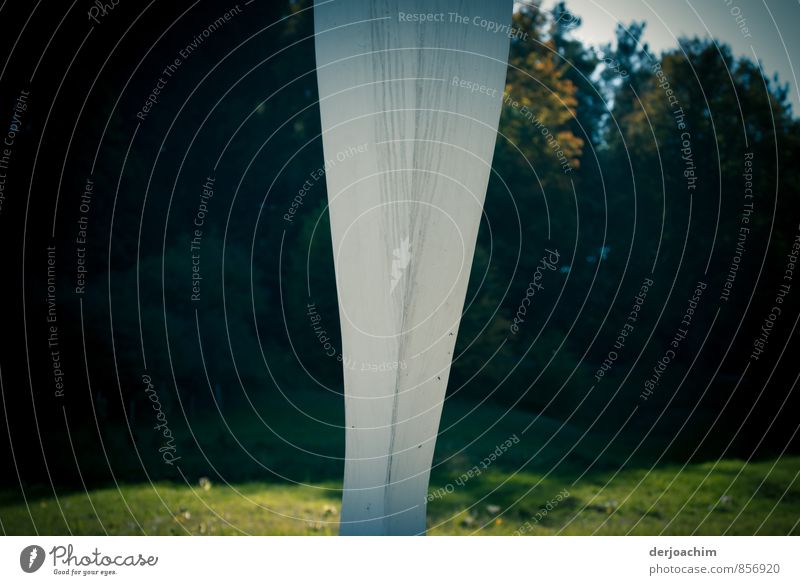 Weiße Säule auf einer Wiese in einem Tal stehend.mit dunklem Hintergrund ,Strich in der Landschaft Stil harmonisch ruhig Ausflug wandern Kunst Kunstwerk