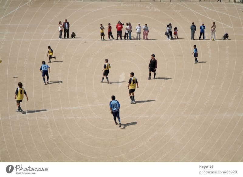 campo de fútbol Fußballplatz Spielen Feld Publikum Fußballer Schlagschatten Sport Sommer Mensch ruhig