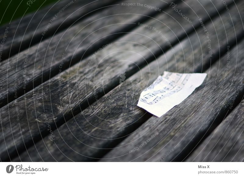 Musik Musiknoten Papier Zettel Holz Gefühle Stimmung Notenblatt kaputt gerissen Müll Einsamkeit Farbfoto Schwarzweißfoto Gedeckte Farben Außenaufnahme