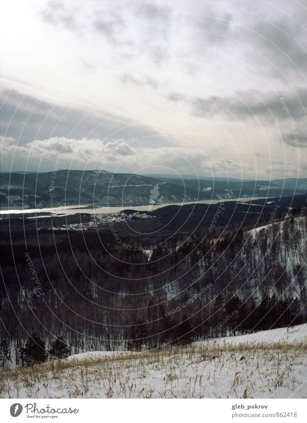 Doc #Enisey Natur Landschaft Wasser Wolkenloser Himmel Gewitterwolken Winter Klima Unwetter Wind Schnee Wildpflanze Wald Berge u. Gebirge Fluss Unendlichkeit