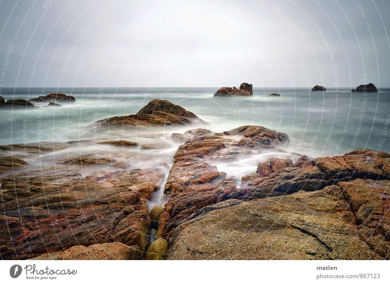 Stein im Meer Landschaft Wasser Himmel Wolken Horizont Sommer Wetter schlechtes Wetter Felsen Küste Strand Riff Menschenleer braun grau grün Klippe Farbfoto