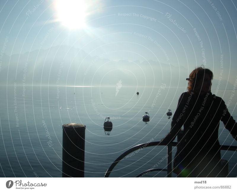 unendlichkeit See Steg Frau Ferne Unendlichkeit Meer Morgen Wasser Sonne Wind Morgendämmerung