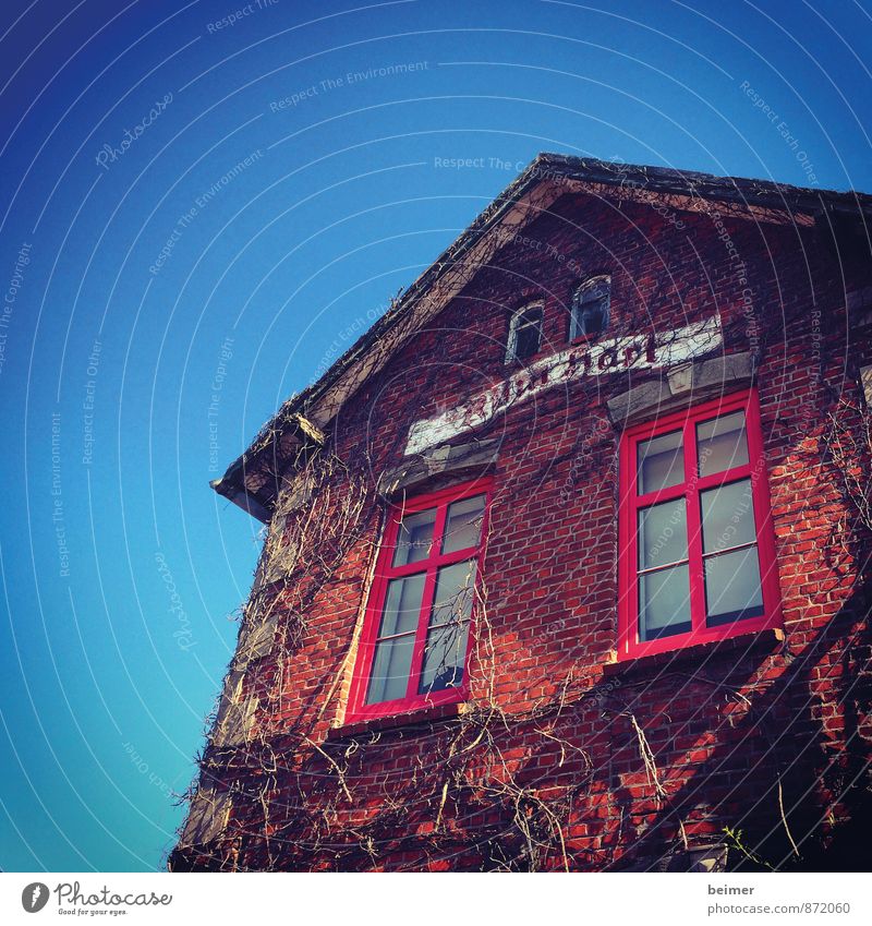 Spukhaus Haus Einfamilienhaus Gebäude Mauer Wand Fassade Fenster Backstein alt bedrohlich gruselig blau rot Stimmung Angst Verfall Farbfoto Außenaufnahme